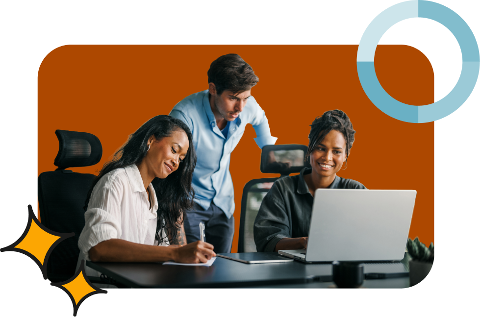 three people concentrating using a computer helping each other