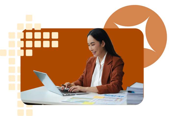 happy professional woman with tablet in front of contribution graph background