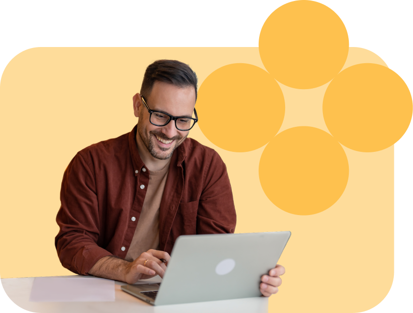 happy professional woman with tablet in front of contribution graph background