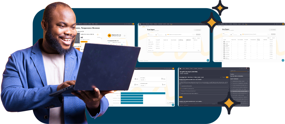 Team leader managing technology training platform on a laptop