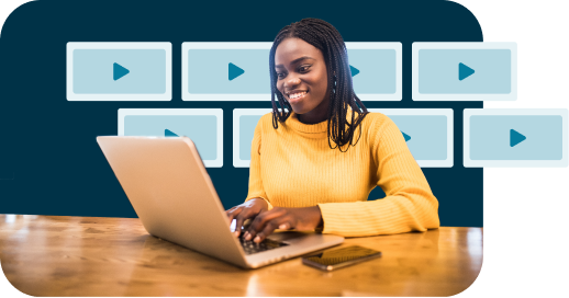 woman using computer with play button videos in background